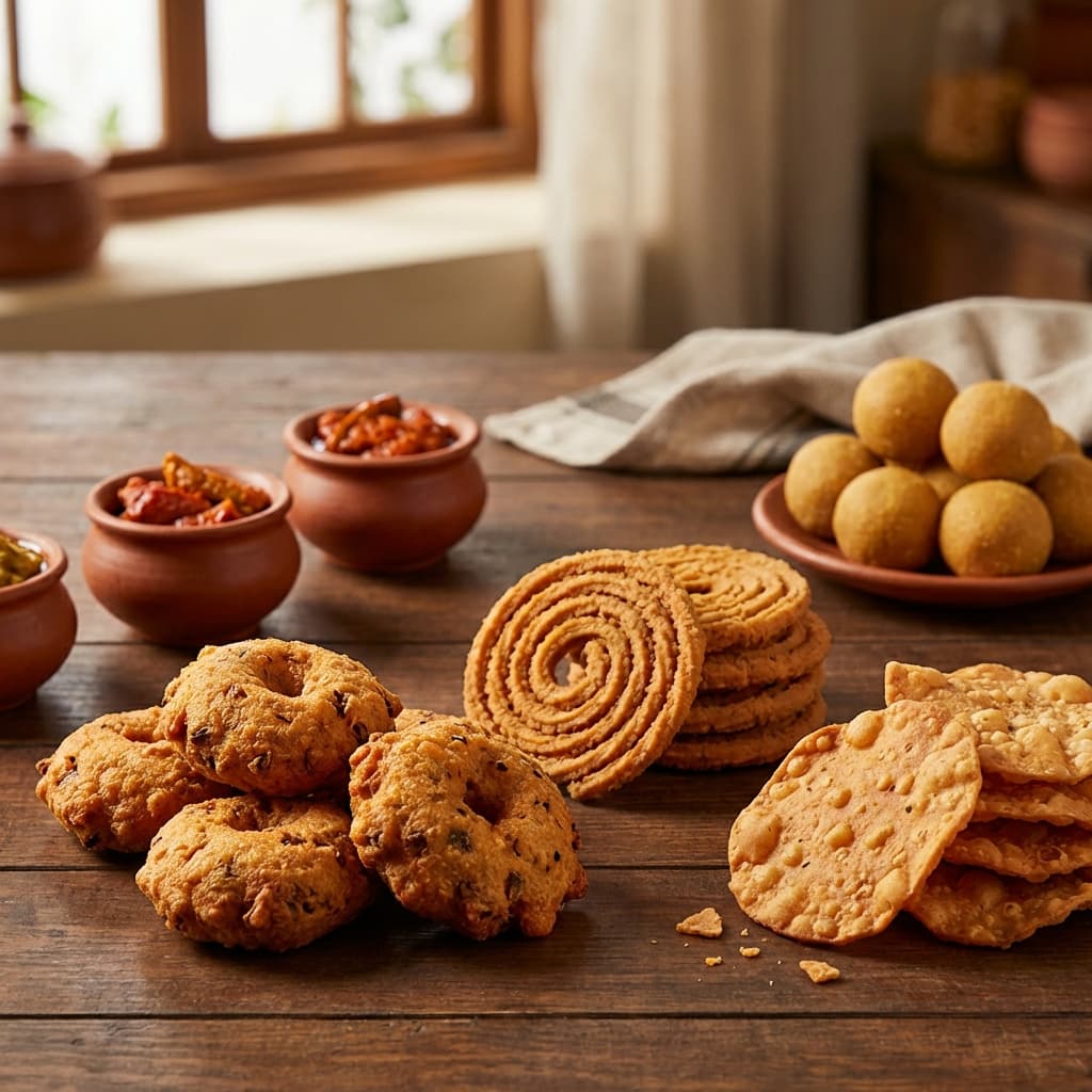 Delicious traditional Indian snacks and pickles